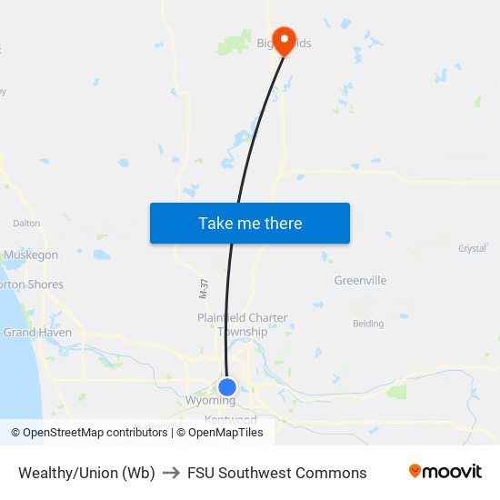 Wealthy/Union (Wb) to FSU Southwest Commons map