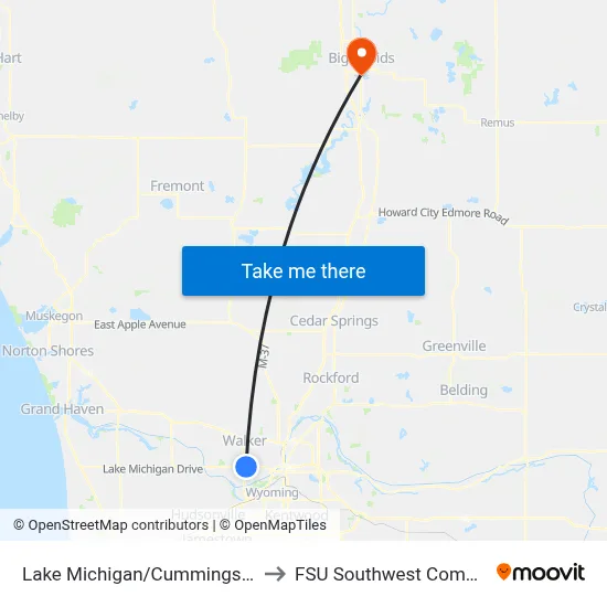 Lake Michigan/Cummings (Wb) to FSU Southwest Commons map