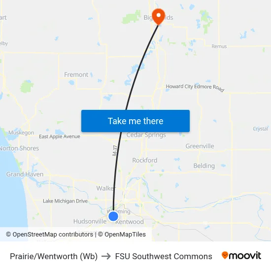 Prairie/Wentworth (Wb) to FSU Southwest Commons map