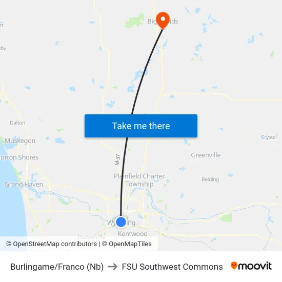 Burlingame/Franco (Nb) to FSU Southwest Commons map