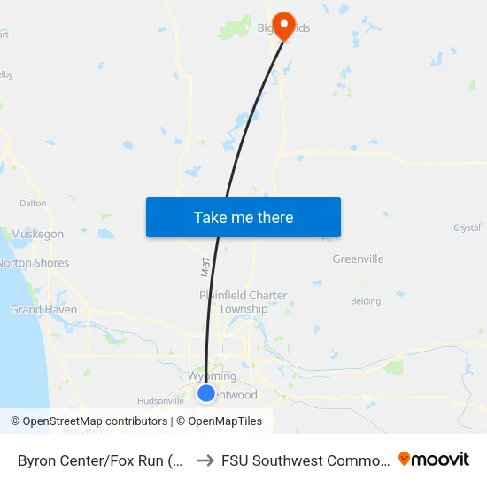Byron Center/Fox Run (Sb) to FSU Southwest Commons map