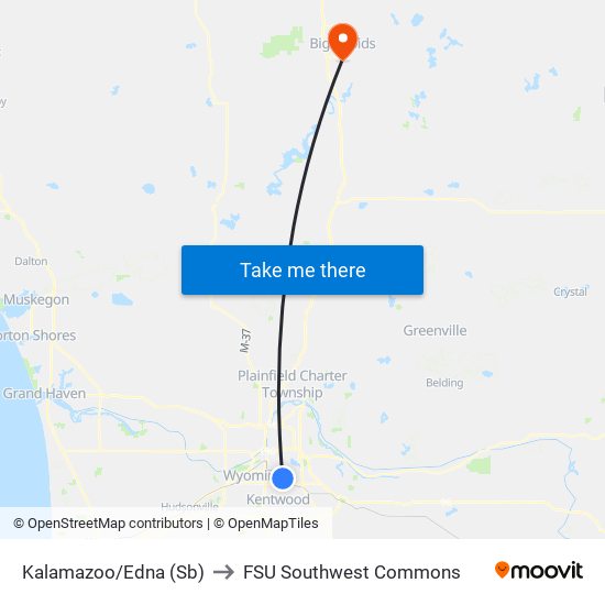 Kalamazoo/Edna (Sb) to FSU Southwest Commons map
