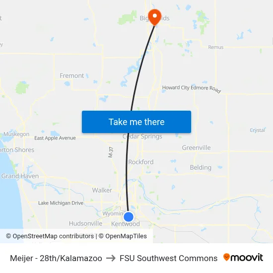 Meijer - 28th/Kalamazoo to FSU Southwest Commons map