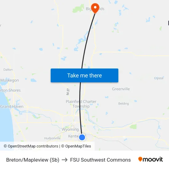 Breton/Mapleview (Sb) to FSU Southwest Commons map