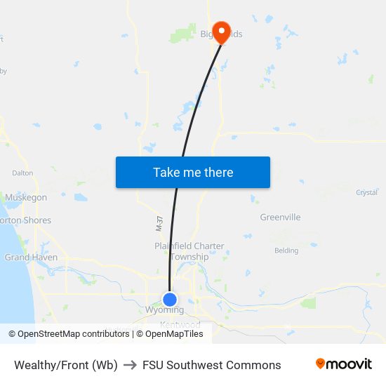 Wealthy/Front (Wb) to FSU Southwest Commons map