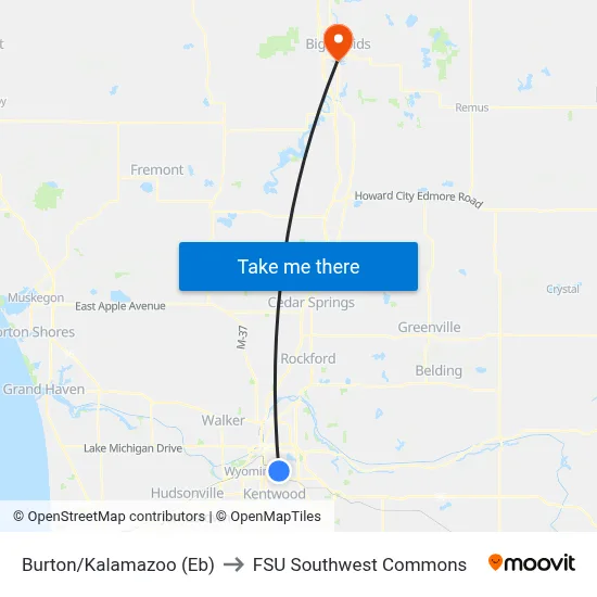 Burton/Kalamazoo (Eb) to FSU Southwest Commons map