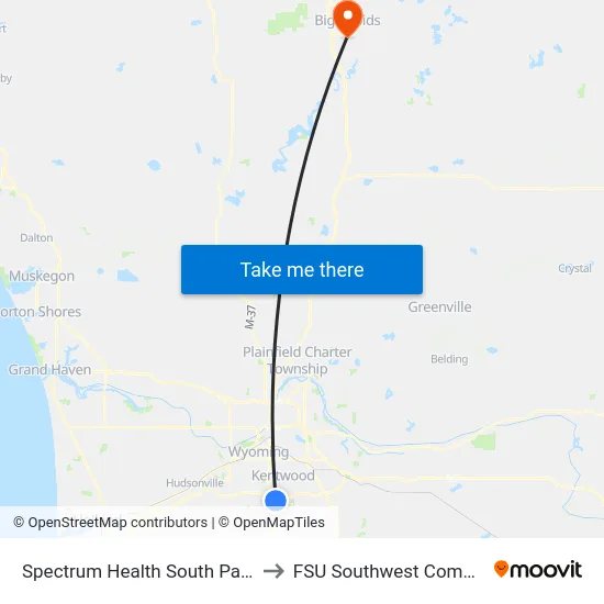 Spectrum Health South Pavilion to FSU Southwest Commons map