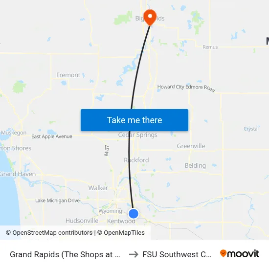 Grand Rapids (The Shops at Centerpoint) to FSU Southwest Commons map
