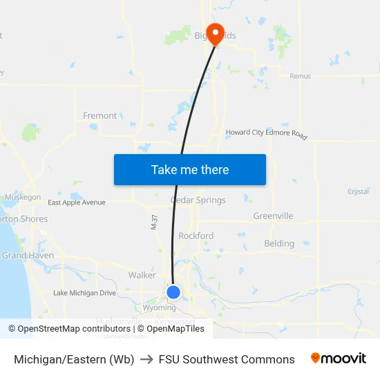 Michigan/Eastern (Wb) to FSU Southwest Commons map