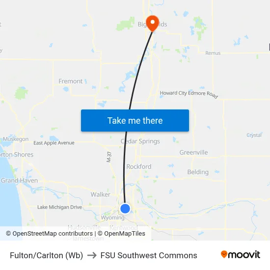 Fulton/Carlton (Wb) to FSU Southwest Commons map