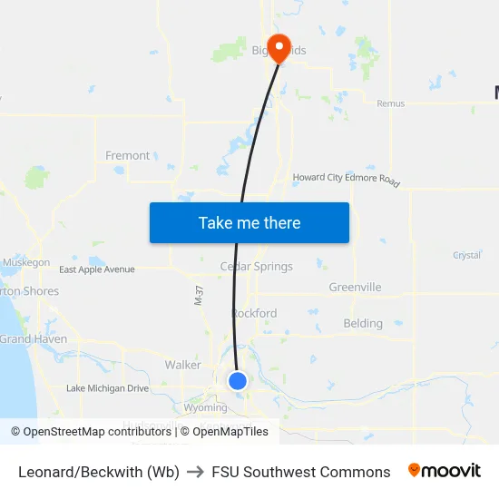 Leonard/Beckwith (Wb) to FSU Southwest Commons map