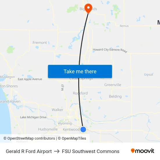 Gerald R Ford Airport to FSU Southwest Commons map