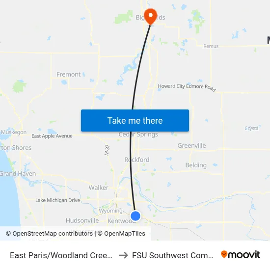 East Paris/Woodland Creek (Nb) to FSU Southwest Commons map