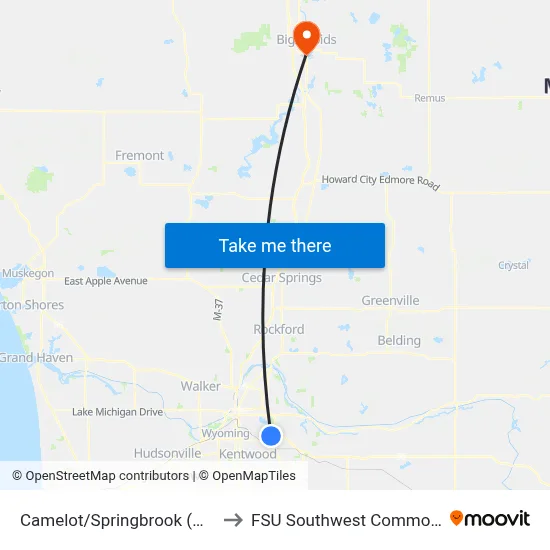 Camelot/Springbrook (Wb) to FSU Southwest Commons map