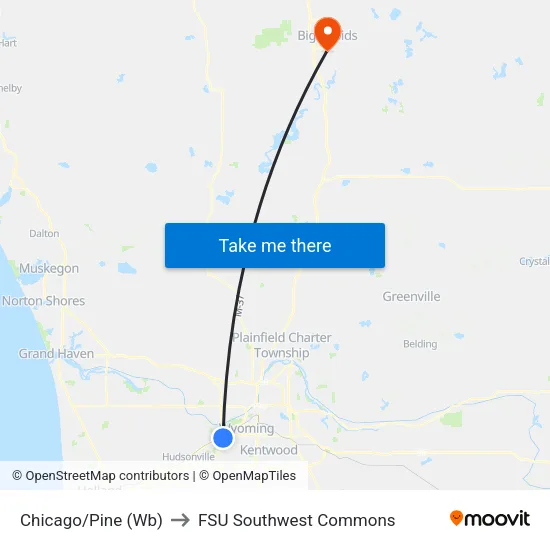 Chicago/Pine (Wb) to FSU Southwest Commons map