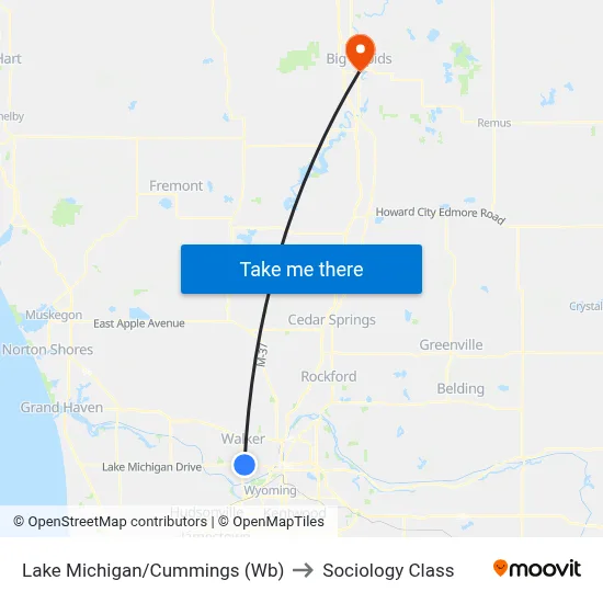 Lake Michigan/Cummings (Wb) to Sociology Class map