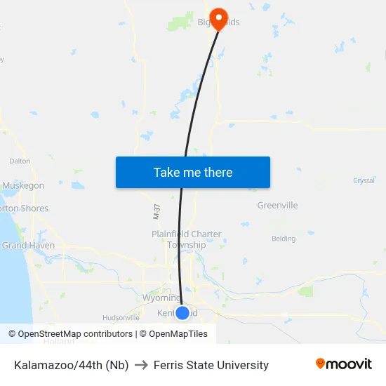 Kalamazoo/44th (Nb) to Ferris State University map