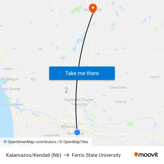 Kalamazoo/Kendall (Nb) to Ferris State University map