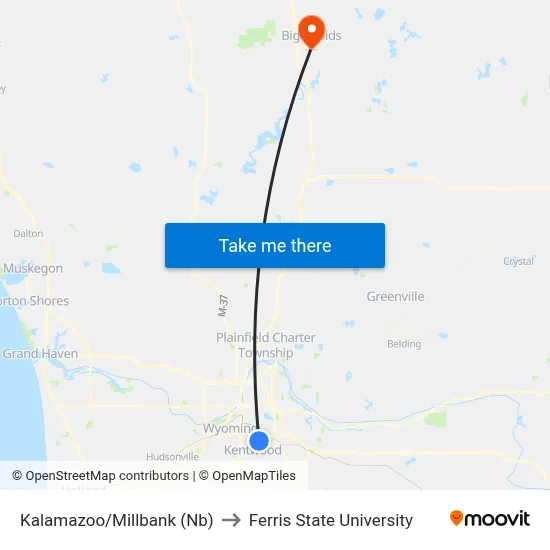 Kalamazoo/Millbank (Nb) to Ferris State University map