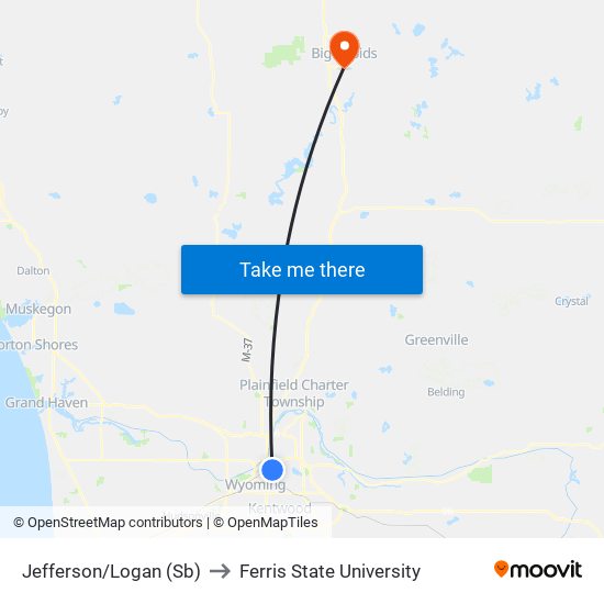 Jefferson/Logan (Sb) to Ferris State University map