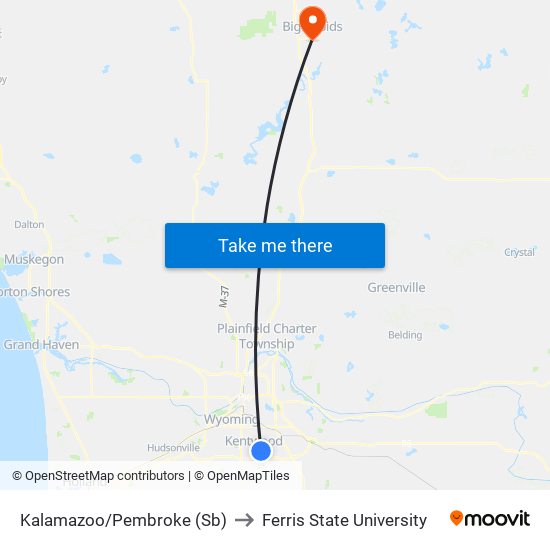 Kalamazoo/Pembroke (Sb) to Ferris State University map