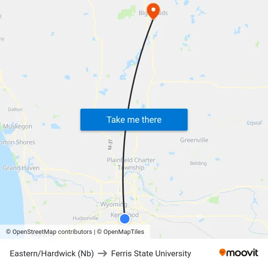 Eastern/Hardwick (Nb) to Ferris State University map