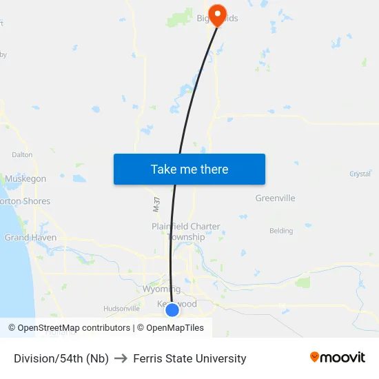 Division/54th (Nb) to Ferris State University map