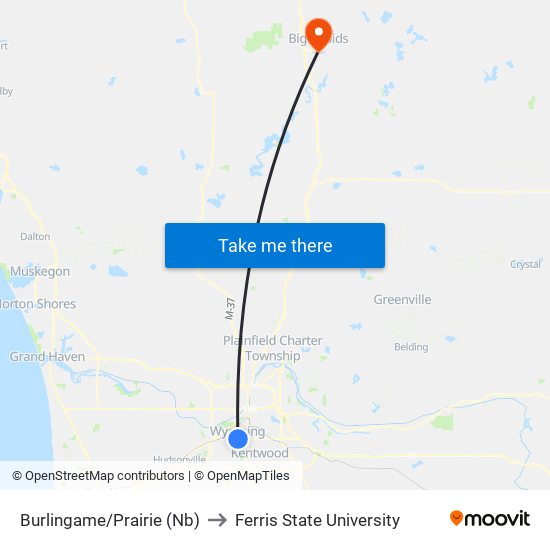 Burlingame/Prairie (Nb) to Ferris State University map