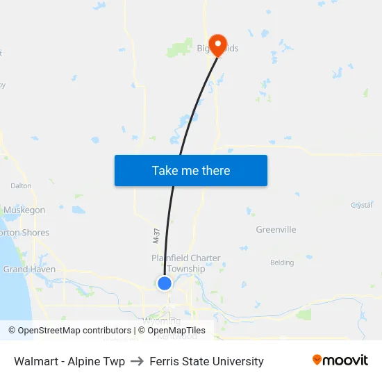 Walmart - Alpine Twp to Ferris State University map