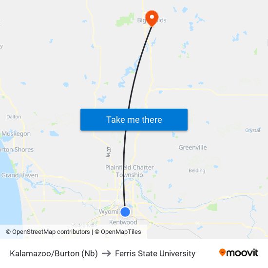 Kalamazoo/Burton (Nb) to Ferris State University map