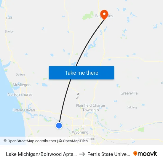 Lake Michigan/Boltwood Apts (Wb) to Ferris State University map