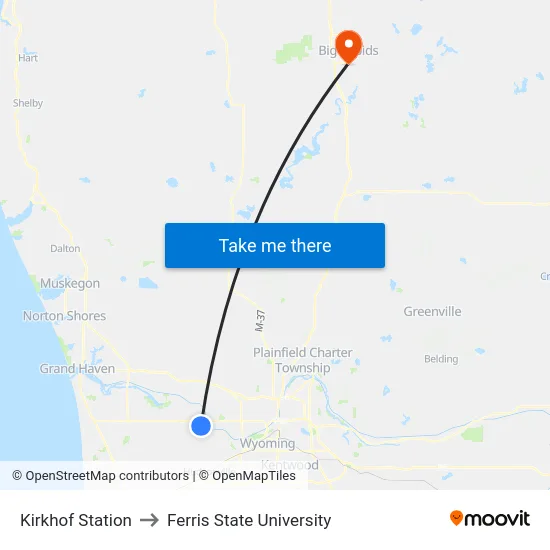 Kirkhof Station to Ferris State University map