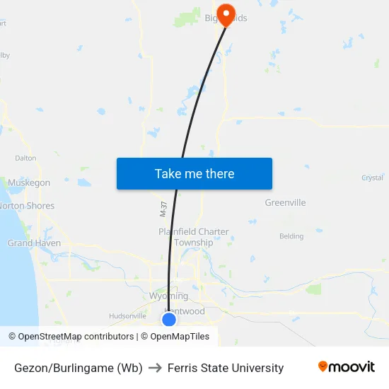 Gezon/Burlingame (Wb) to Ferris State University map