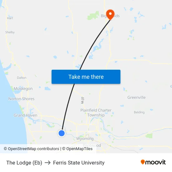 The Lodge (Eb) to Ferris State University map