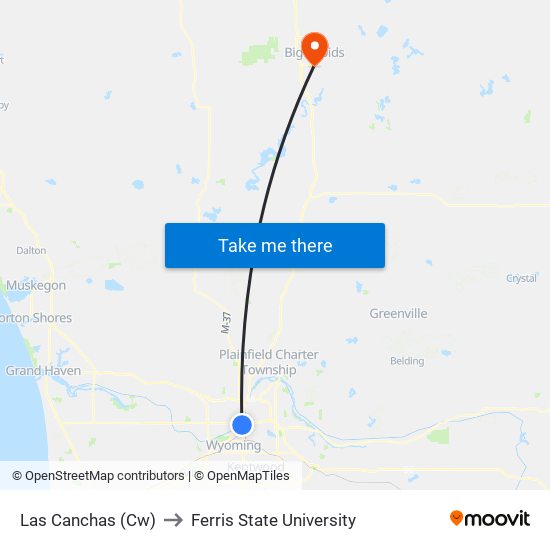 Las Canchas (Cw) to Ferris State University map