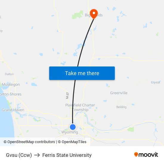 Gvsu (Ccw) to Ferris State University map