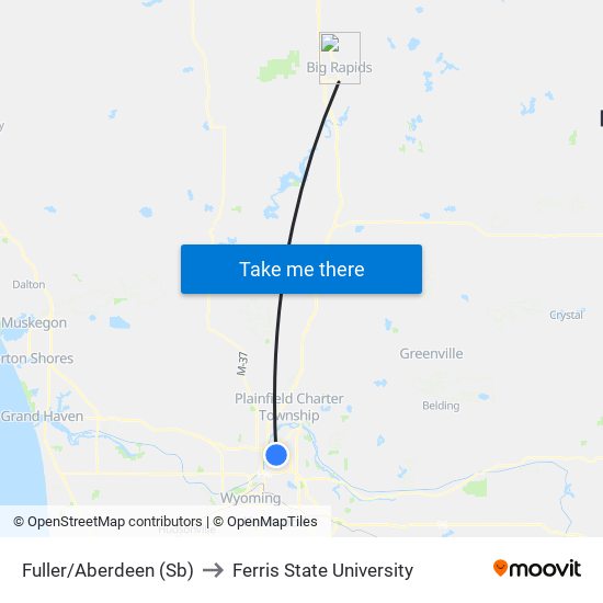 Fuller/Aberdeen (Sb) to Ferris State University map