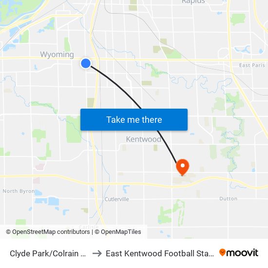 Clyde Park/Colrain (Nb) to East Kentwood Football Stadium map