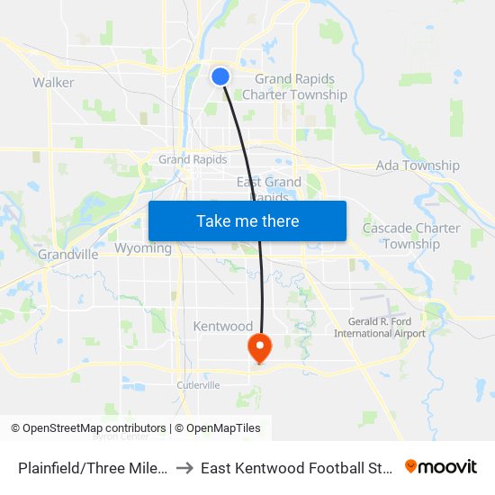 Plainfield/Three Mile (Sb) to East Kentwood Football Stadium map