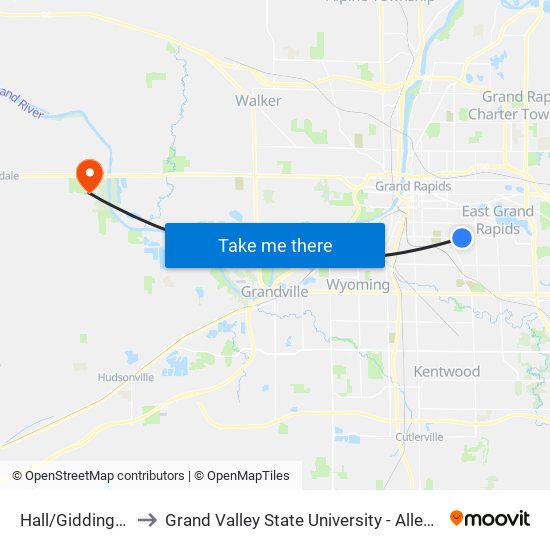 Hall/Giddings (Wb) to Grand Valley State University - Allendale Campus map