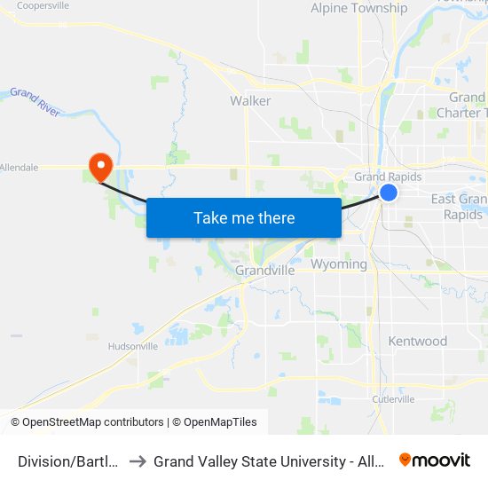Division/Bartlett (Nb) to Grand Valley State University - Allendale Campus map