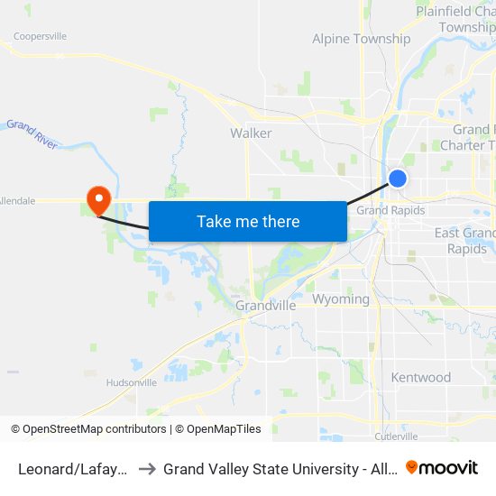 Leonard/Lafayette (Eb) to Grand Valley State University - Allendale Campus map