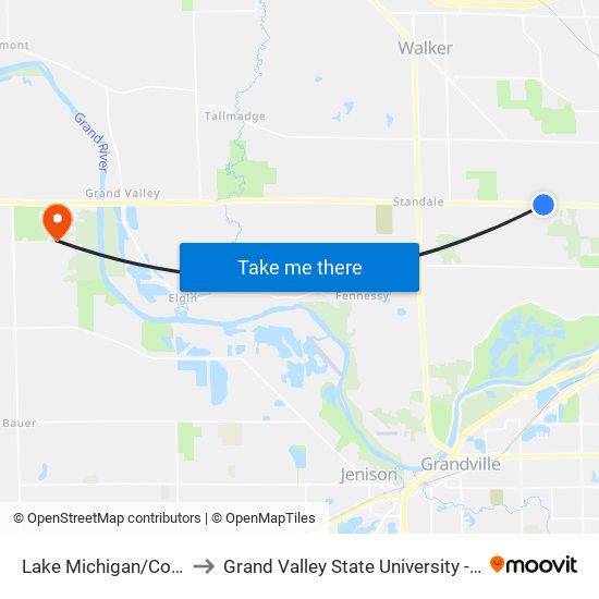 Lake Michigan/Collindale (Wb) to Grand Valley State University - Allendale Campus map