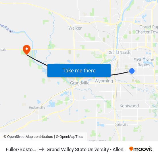 Fuller/Boston (Sb) to Grand Valley State University - Allendale Campus map