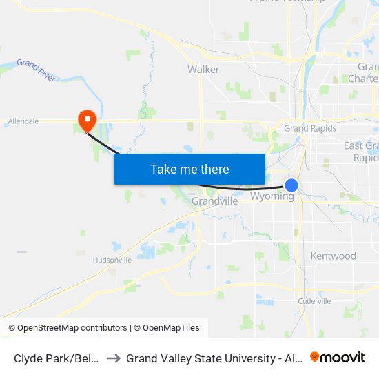 Clyde Park/Belfield (Sb) to Grand Valley State University - Allendale Campus map