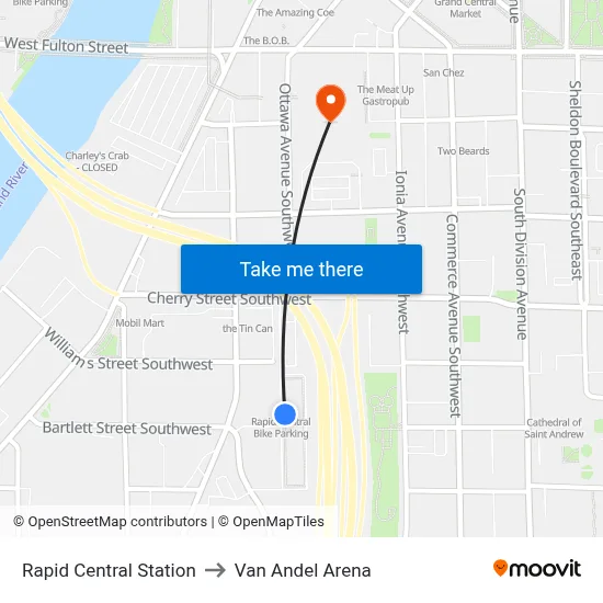 Rapid Central Station to Van Andel Arena map