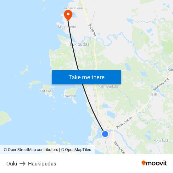 Oulu to Haukipudas map