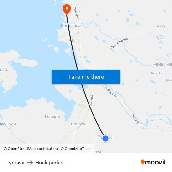 Tyrnävä to Haukipudas map