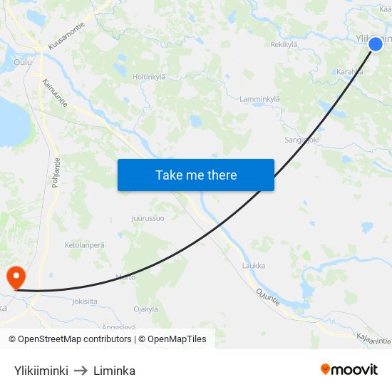 Ylikiiminki to Liminka map