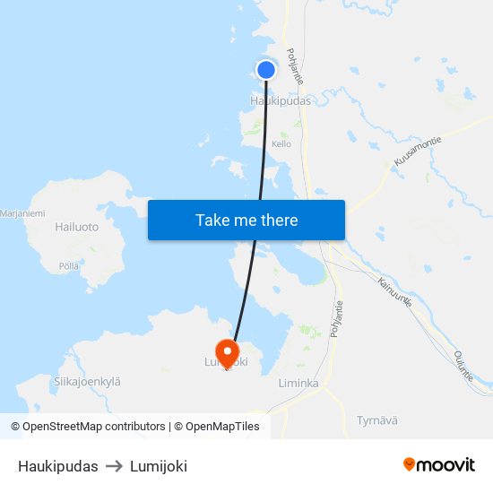 Haukipudas to Lumijoki map